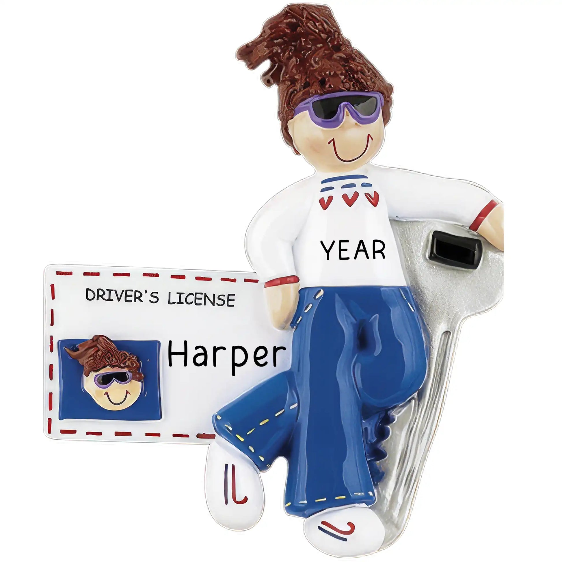 A resin ornament depicting a smiling girl with brown hair and wearing sunglasses, holding a driver's license with the text 'Driver's License' and a name 'Harper' on it.