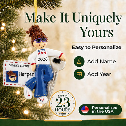 Make it yours: personalize the New Driver Brunette Girl christmas ornament with a name and the year