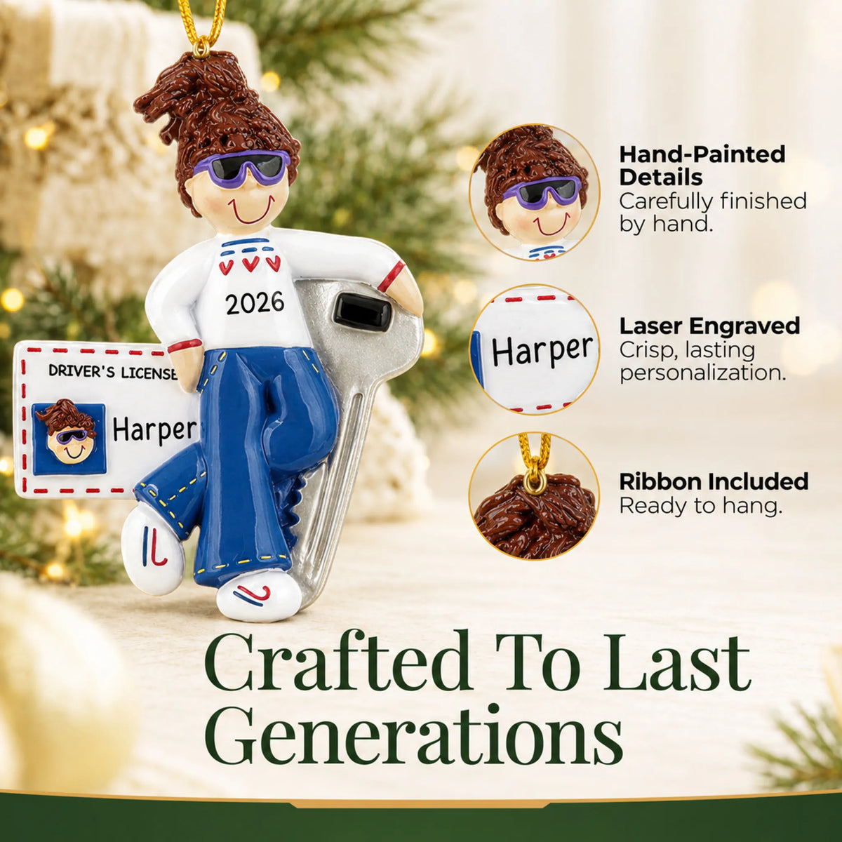 Hand-painted, laser engraved New Driver Brunette Girl christmas ornament, ribbon included