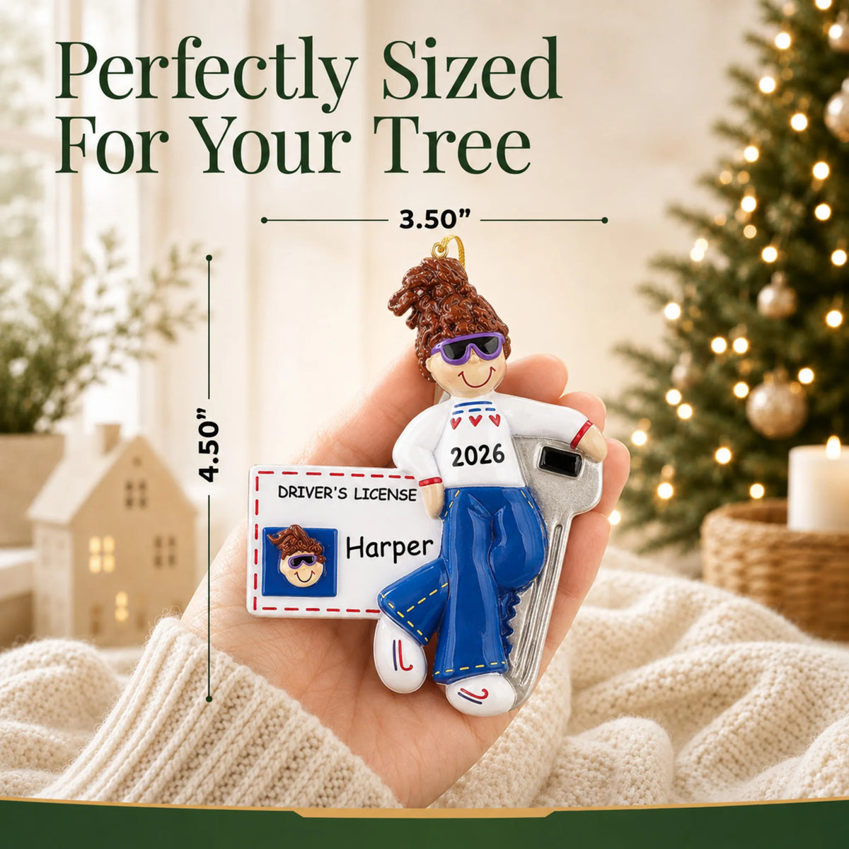 Size guide: the personalized New Driver Brunette Girl christmas ornament is 3.50 in wide by 4.50 in tall, shown in hand