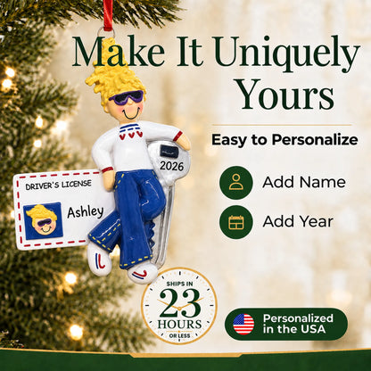 Make it yours: add name and year to the personalized new driver blonde girl christmas ornament