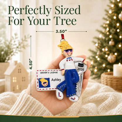 Size guide: the personalized new driver blonde girl christmas ornament is 3.50 in wide by 4.50 in tall, shown in hand