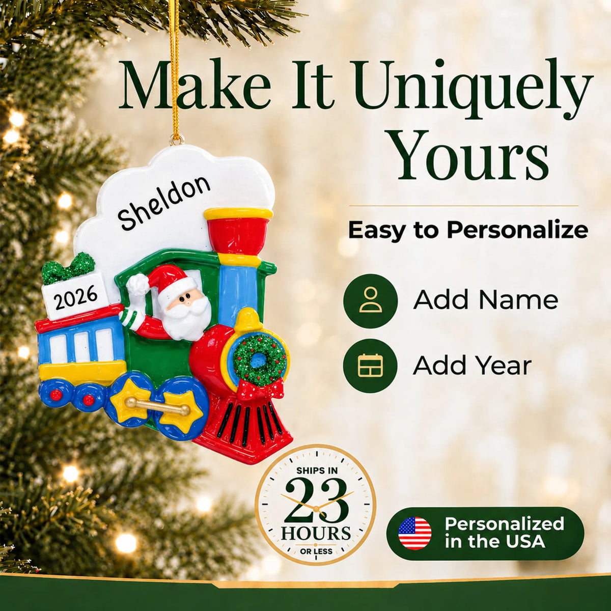 Make it yours: personalize the Santa Train christmas ornament with a name and the year