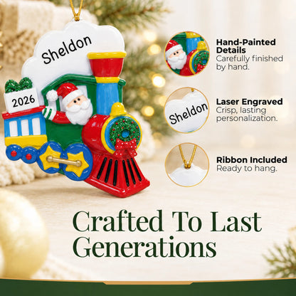 Hand-painted, laser engraved Santa Train christmas ornament, ribbon included