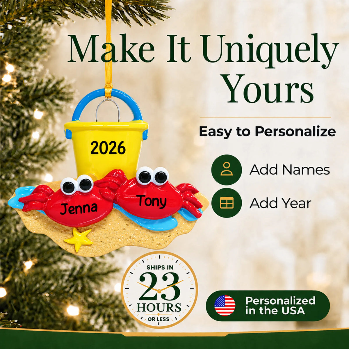 Make it yours: add names and year to the personalized crab couple beach christmas ornament