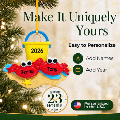 Make it yours: add names and year to the personalized crab couple beach christmas ornament