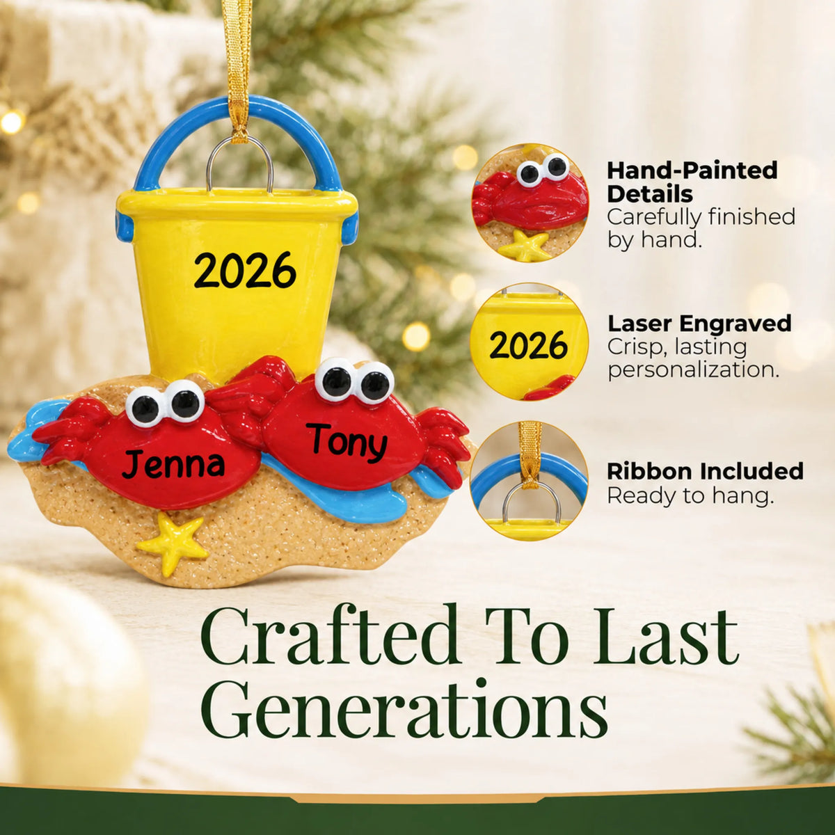 Hand-painted details and laser engraved personalization on the crab couple beach christmas ornament, ribbon included