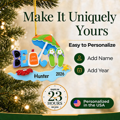 Make it yours: add name and year to the personalized beach bum christmas ornament