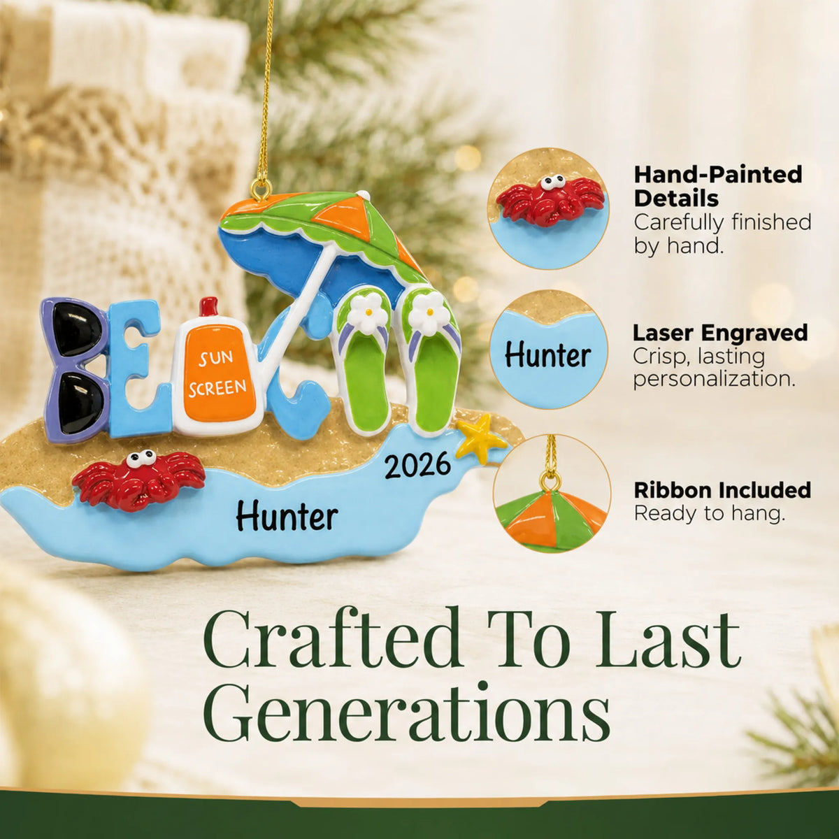 Hand-painted details and laser engraved personalization on the beach bum christmas ornament, ribbon included