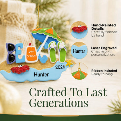Hand-painted details and laser engraved personalization on the beach bum christmas ornament, ribbon included