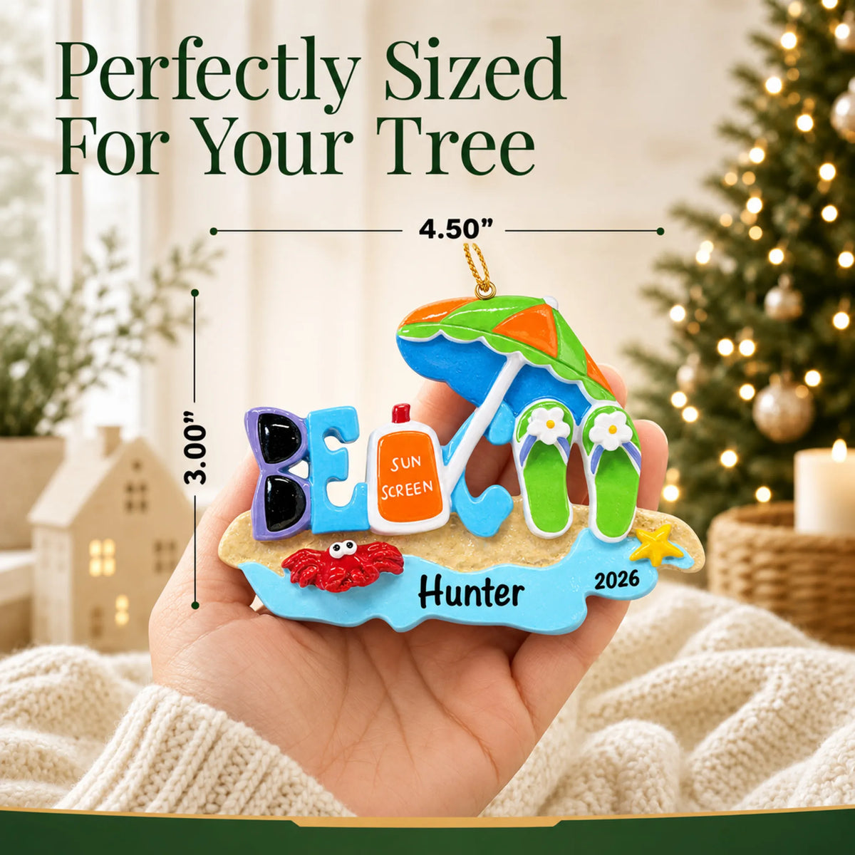 Size guide: the personalized beach bum christmas ornament is 4.50 in wide by 3.00 in tall, shown in hand