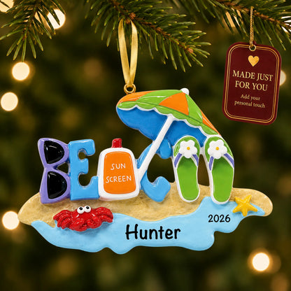 Beach bum christmas ornament hanging on a lit Christmas tree with a Made Just For You gift tag