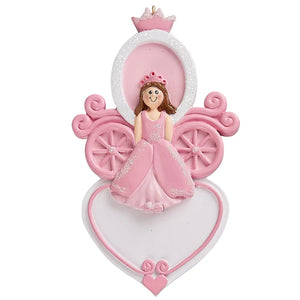 Personalized princess carriage Christmas ornament, a pink heart-shaped coach, hand-lettered with a name.