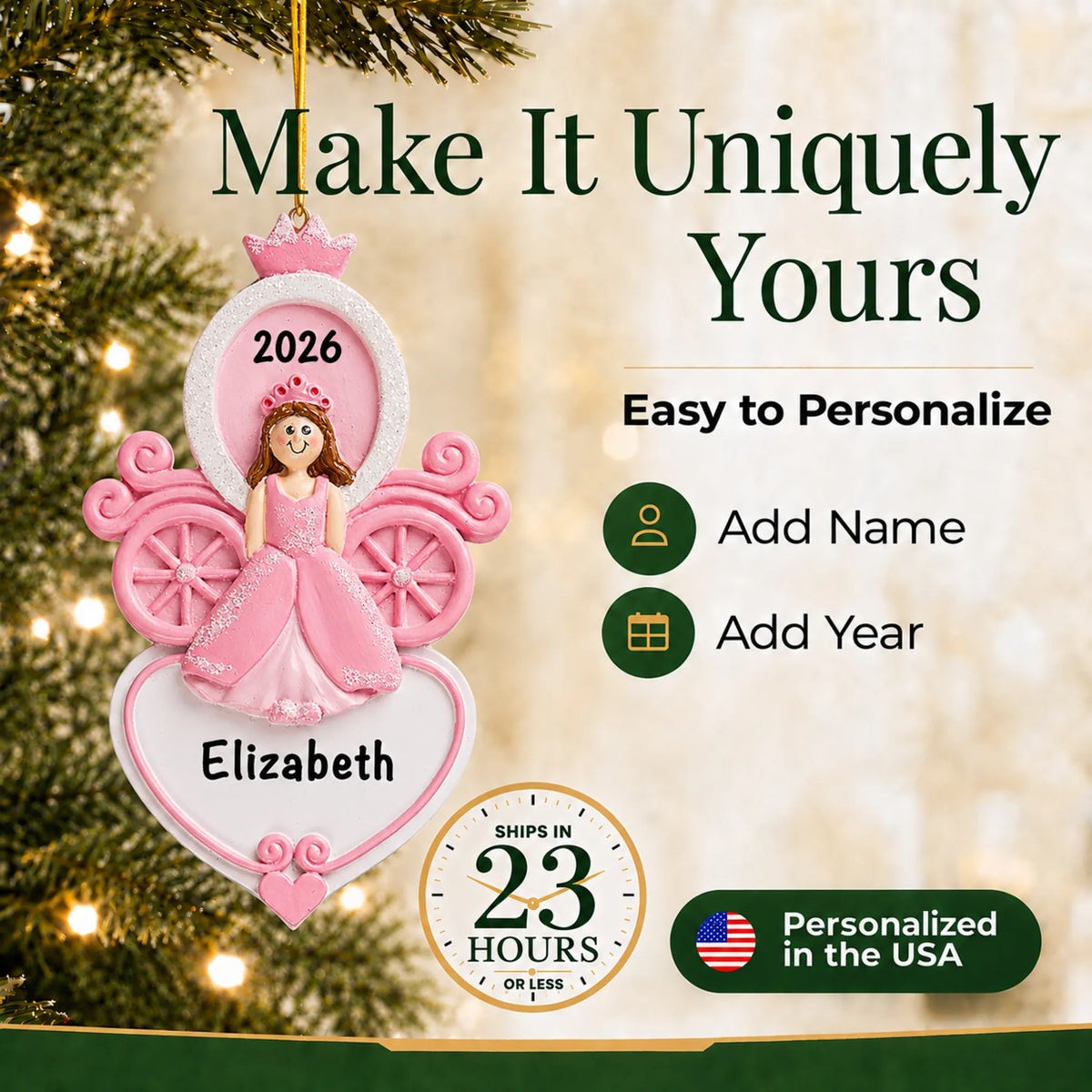 Make it yours: add name and year to the personalized princess carriage christmas ornament
