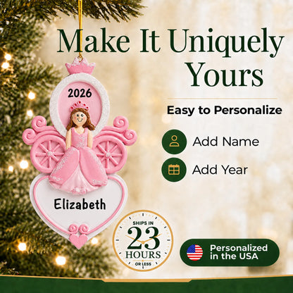Make it yours: add name and year to the personalized princess carriage christmas ornament