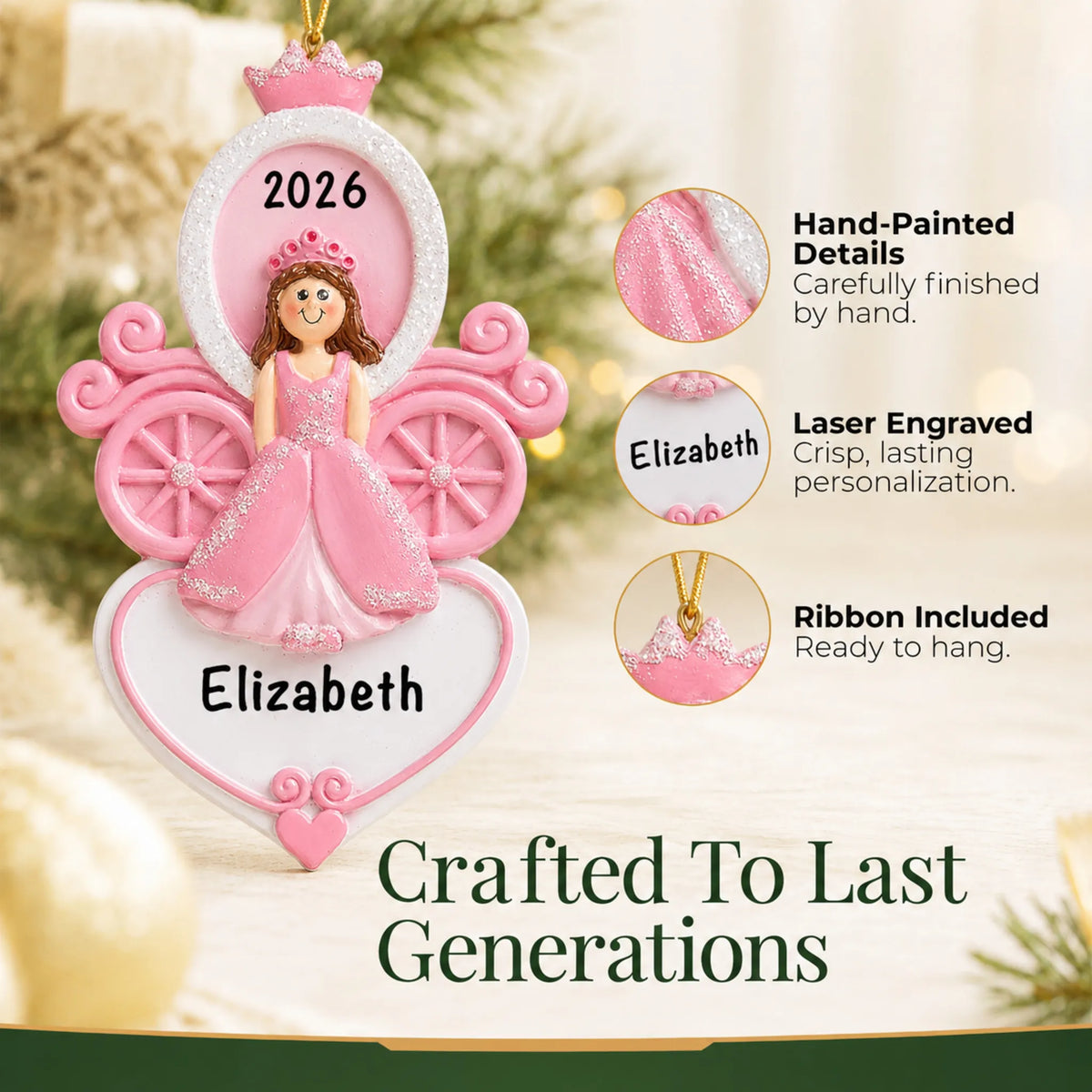 Hand-painted details and laser engraved personalization on the princess carriage christmas ornament, ribbon included