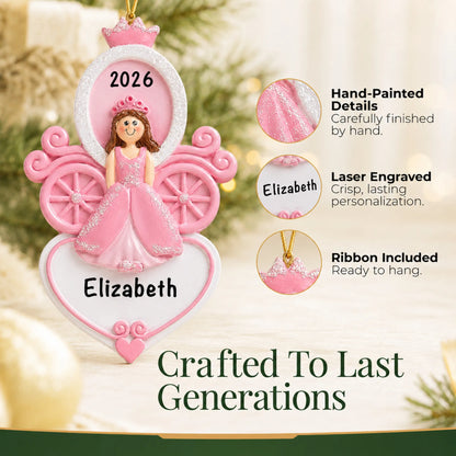 Hand-painted details and laser engraved personalization on the princess carriage christmas ornament, ribbon included