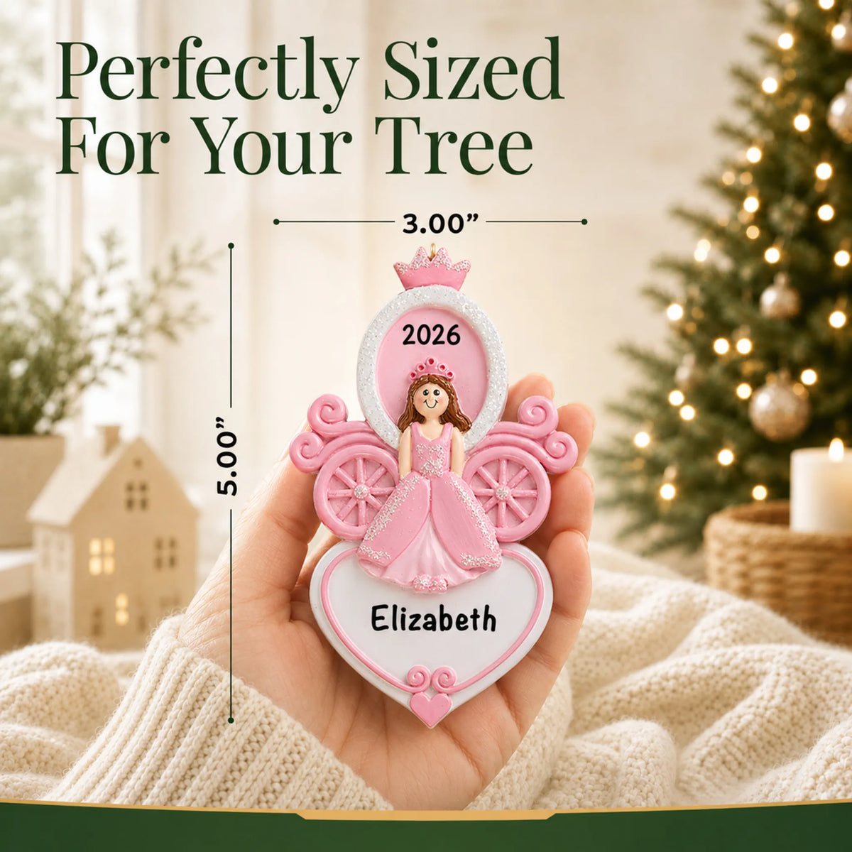 Size guide: the personalized princess carriage christmas ornament is 3.00 in wide by 5.00 in tall, shown in hand