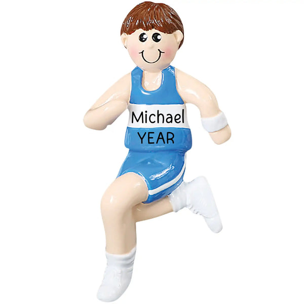 Personalized Christmas ornament featuring a smiling boy track runner in a blue and white uniform, mid-stride, ready for custom name and year engraving.