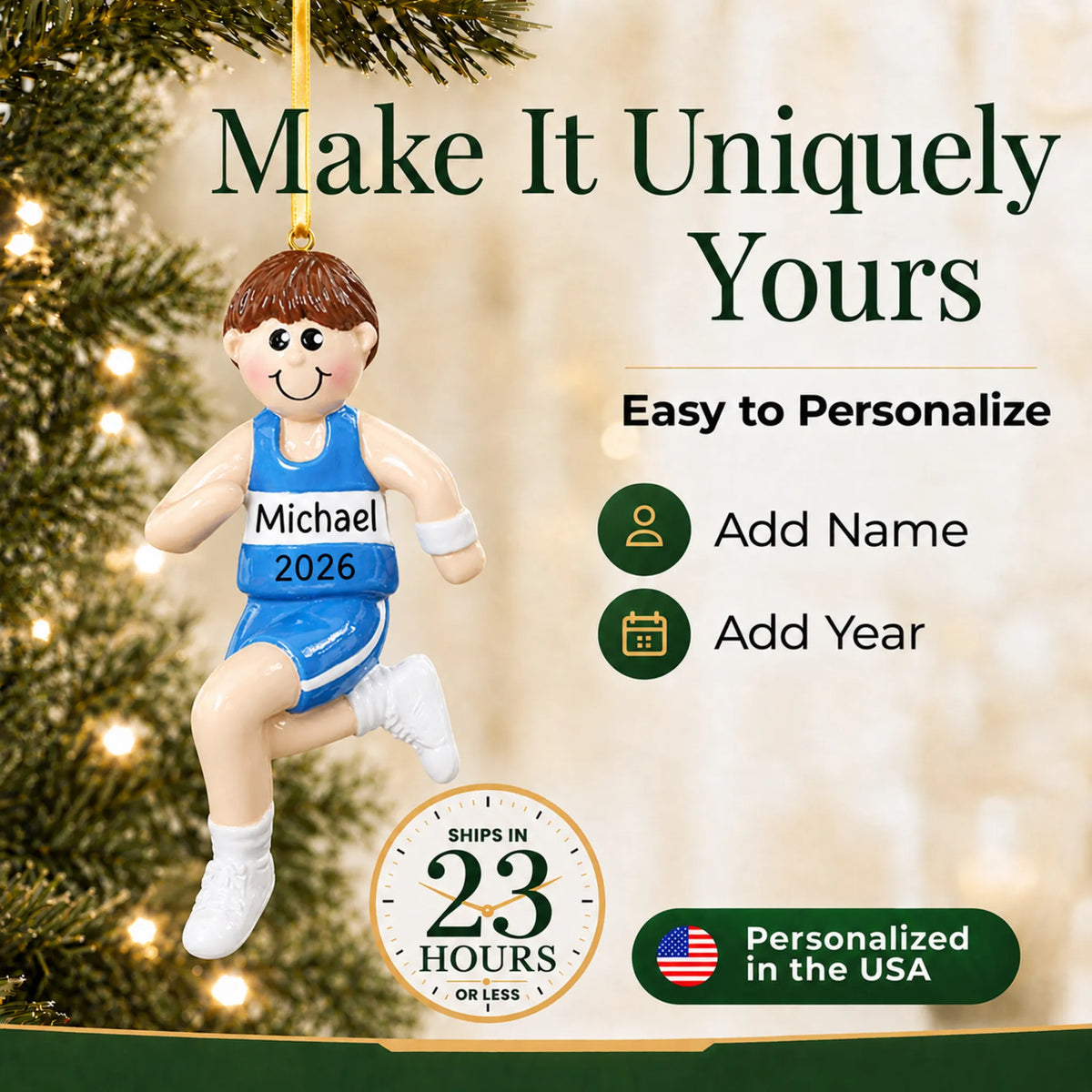 Make it yours: add name and year to the personalized track runner boy christmas ornament