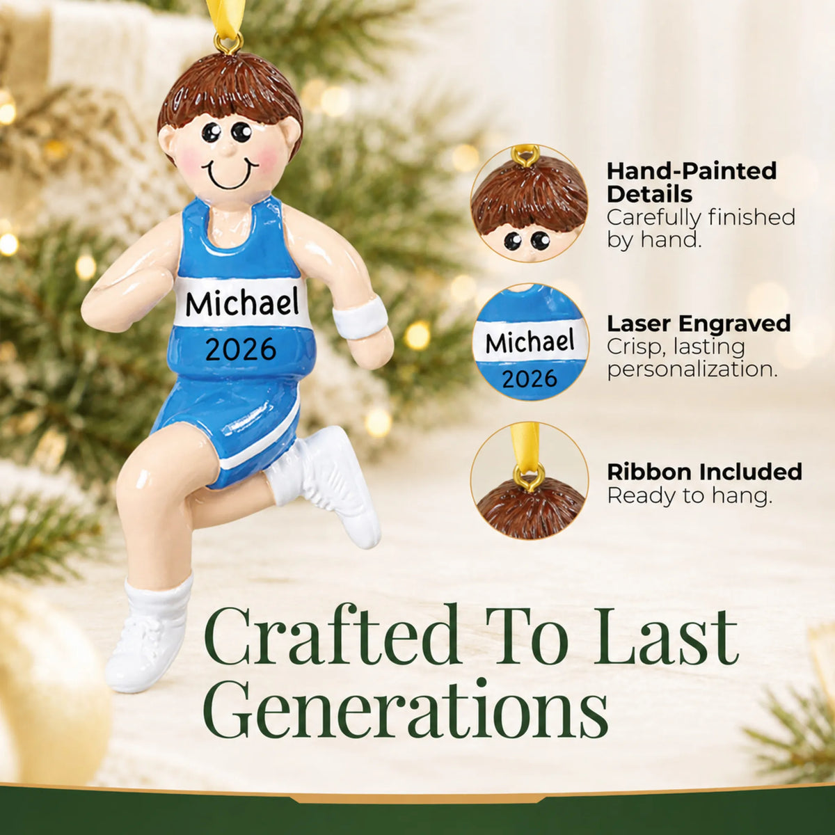 Hand-painted details and laser engraved personalization on the track runner boy christmas ornament, ribbon included