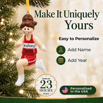 Make it yours: add name and year to the personalized track girl runner christmas ornament