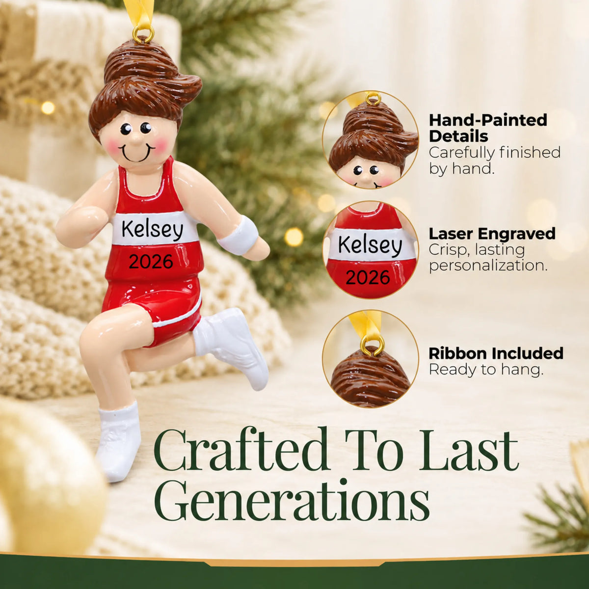 Hand-painted details and laser engraved personalization on the track girl runner christmas ornament, ribbon included