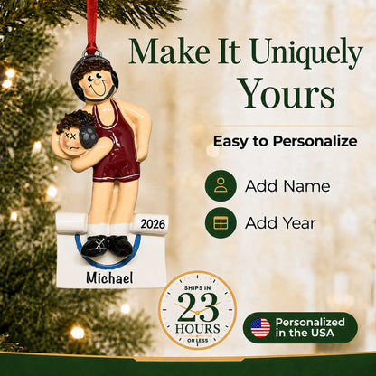 Make it yours: add name and year to the personalized male wrestler in a red singlet christmas ornament