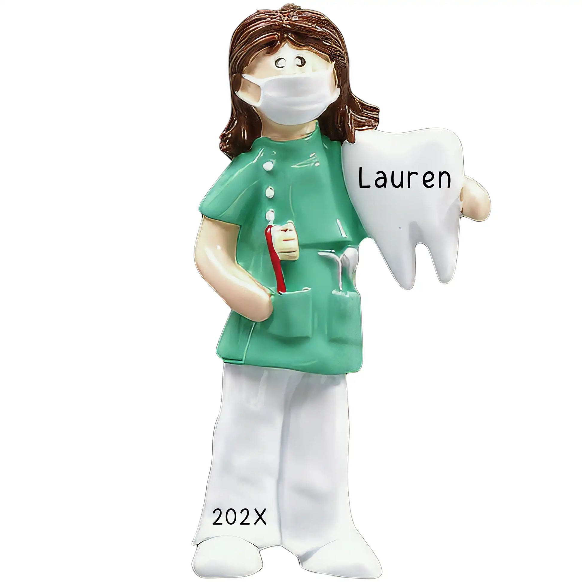 Personalized female dentist Christmas ornament in green scrubs with mask, toothbrush, dental mirror and large white tooth, customizable with name and yearRetry