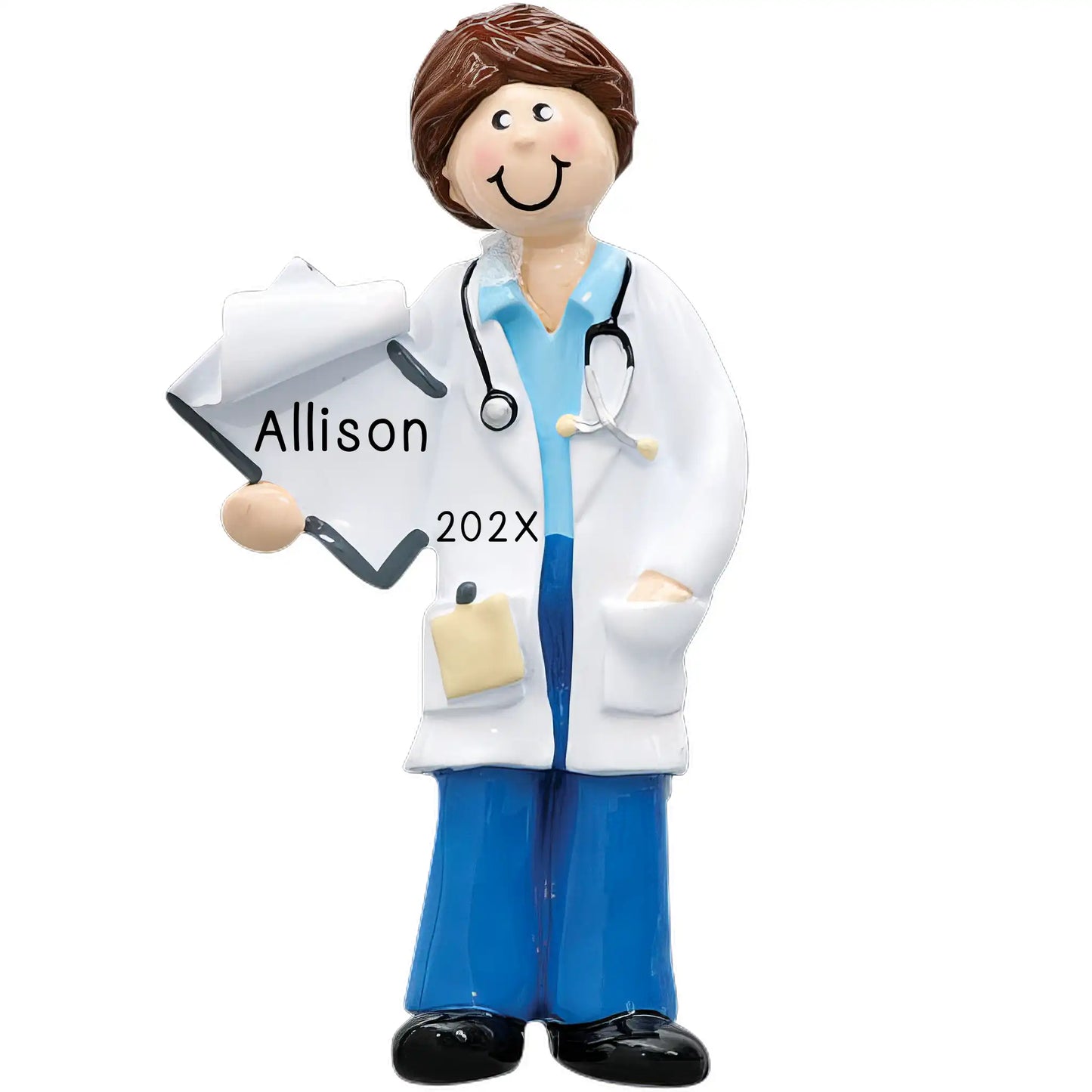 A personalized ornament featuring a stylized doctor character in blue scrubs and a white coat, holding a clipboard with 'Allison Year' written on it, and a stethoscope. The doctor is smiling and has a medical theme throughout.