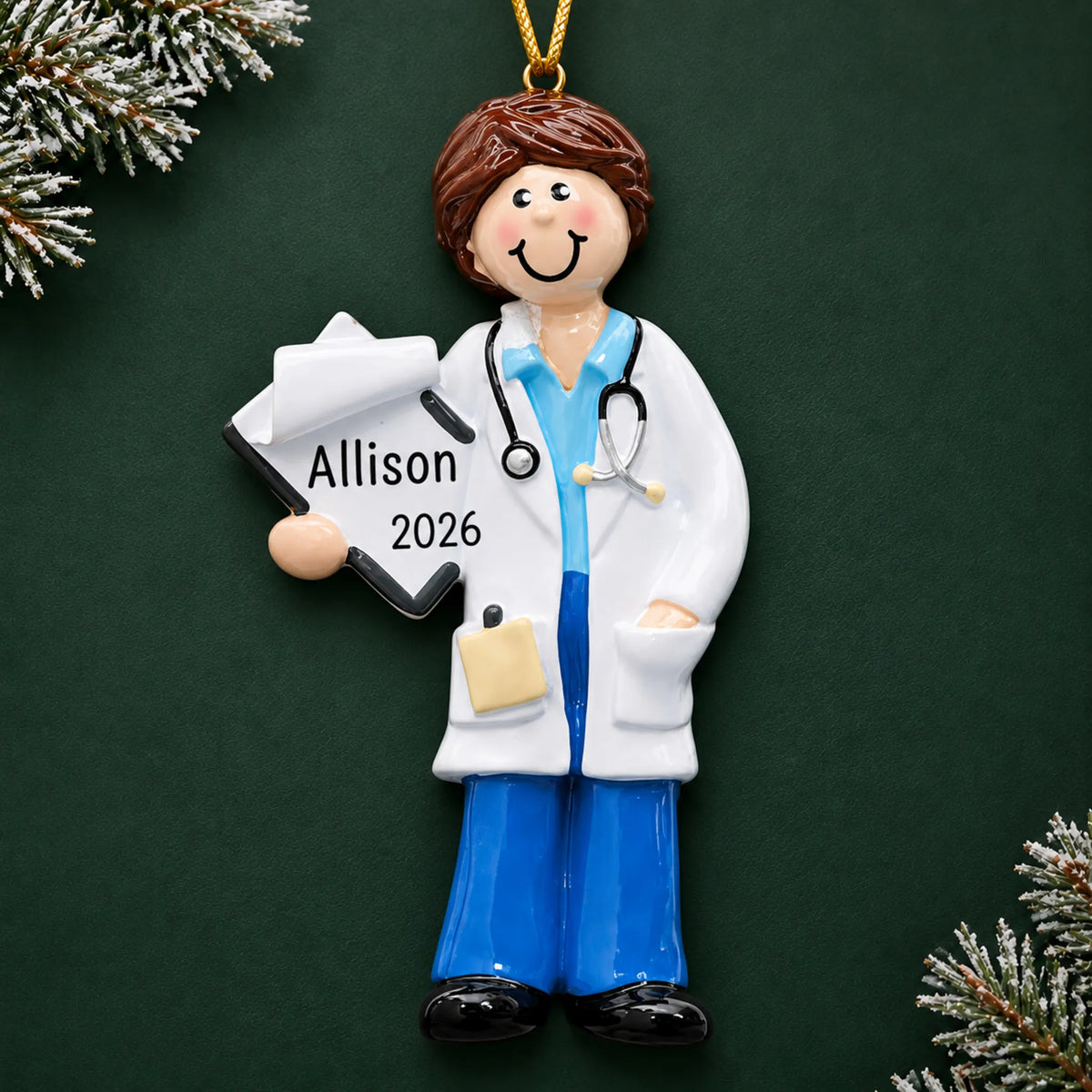 Personalized doctor girl christmas ornament on a dark green pine background