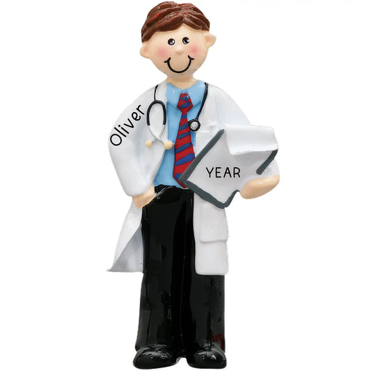 Personalized Christmas ornament featuring a smiling male doctor in a white lab coat and tie, holding a clipboard ready for custom name and year engraving.