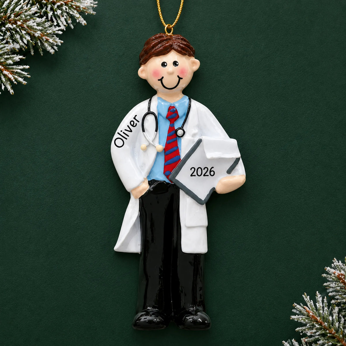 Personalized male doctor christmas ornament on a dark green pine background