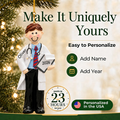 Make it yours: add name and year to the personalized male doctor christmas ornament