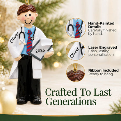 Hand-painted details and laser engraved personalization on the male doctor christmas ornament, ribbon included