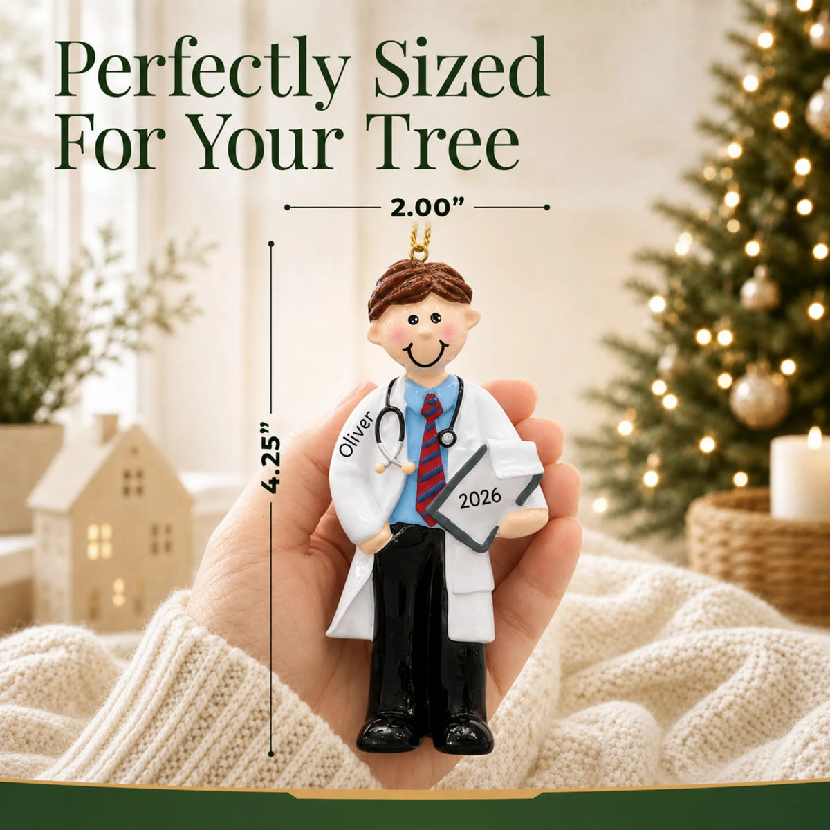 Size guide: the personalized male doctor christmas ornament is 2.00 in wide by 4.25 in tall, shown in hand