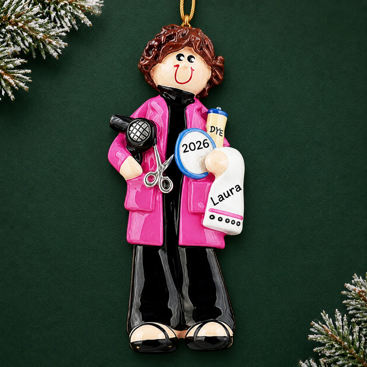 Personalized hairdresser stylist christmas ornament on a dark green pine background