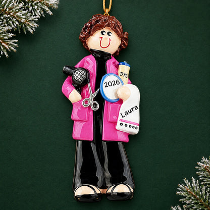 Personalized hairdresser stylist christmas ornament on a dark green pine background