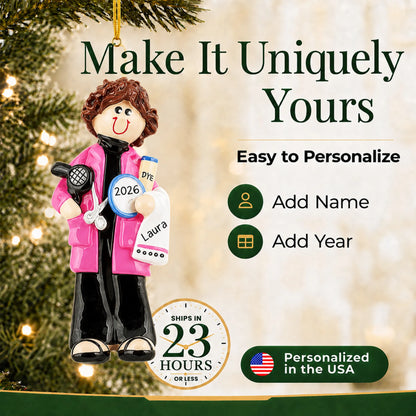 Make it yours: add name and year to the personalized hairdresser stylist christmas ornament