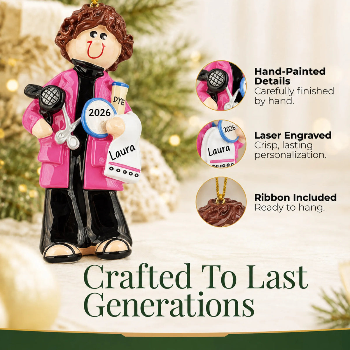 Hand-painted details and laser engraved personalization on the hairdresser stylist christmas ornament, ribbon included