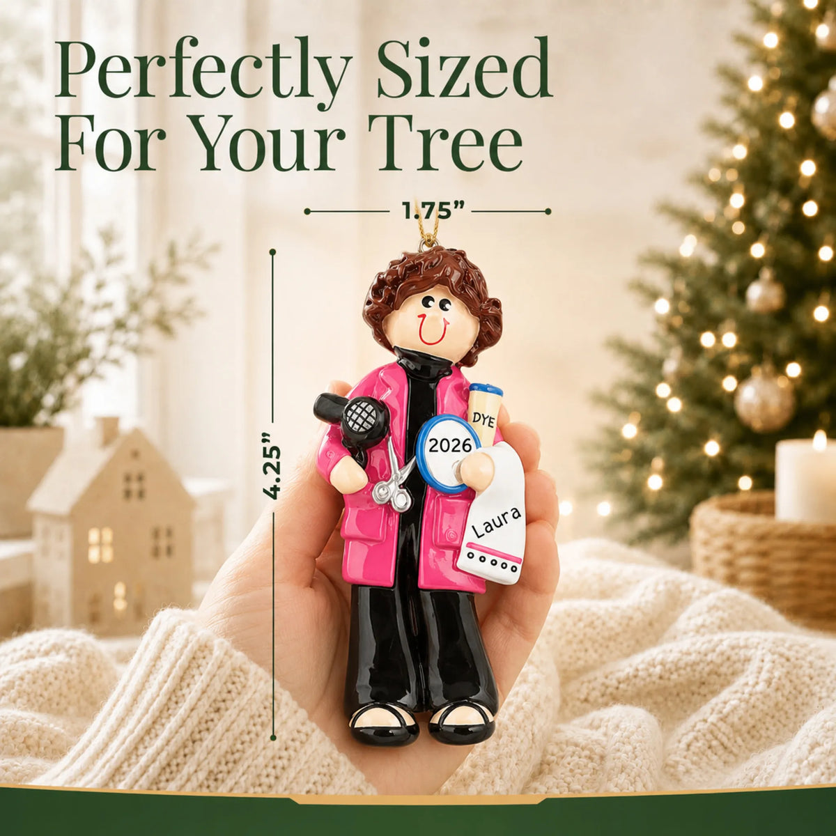 Size guide: the personalized hairdresser stylist christmas ornament is 1.75 in wide by 4.25 in tall, shown in hand