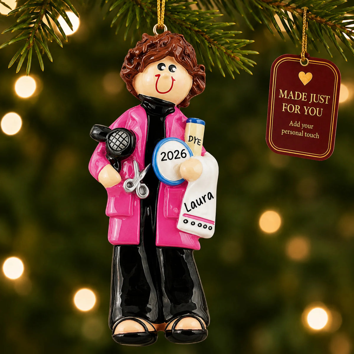 Hairdresser stylist christmas ornament hanging on a lit Christmas tree with a Made Just For You gift tag