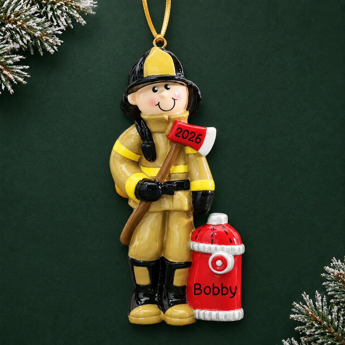 Personalized firefighter christmas ornament on a dark green pine background