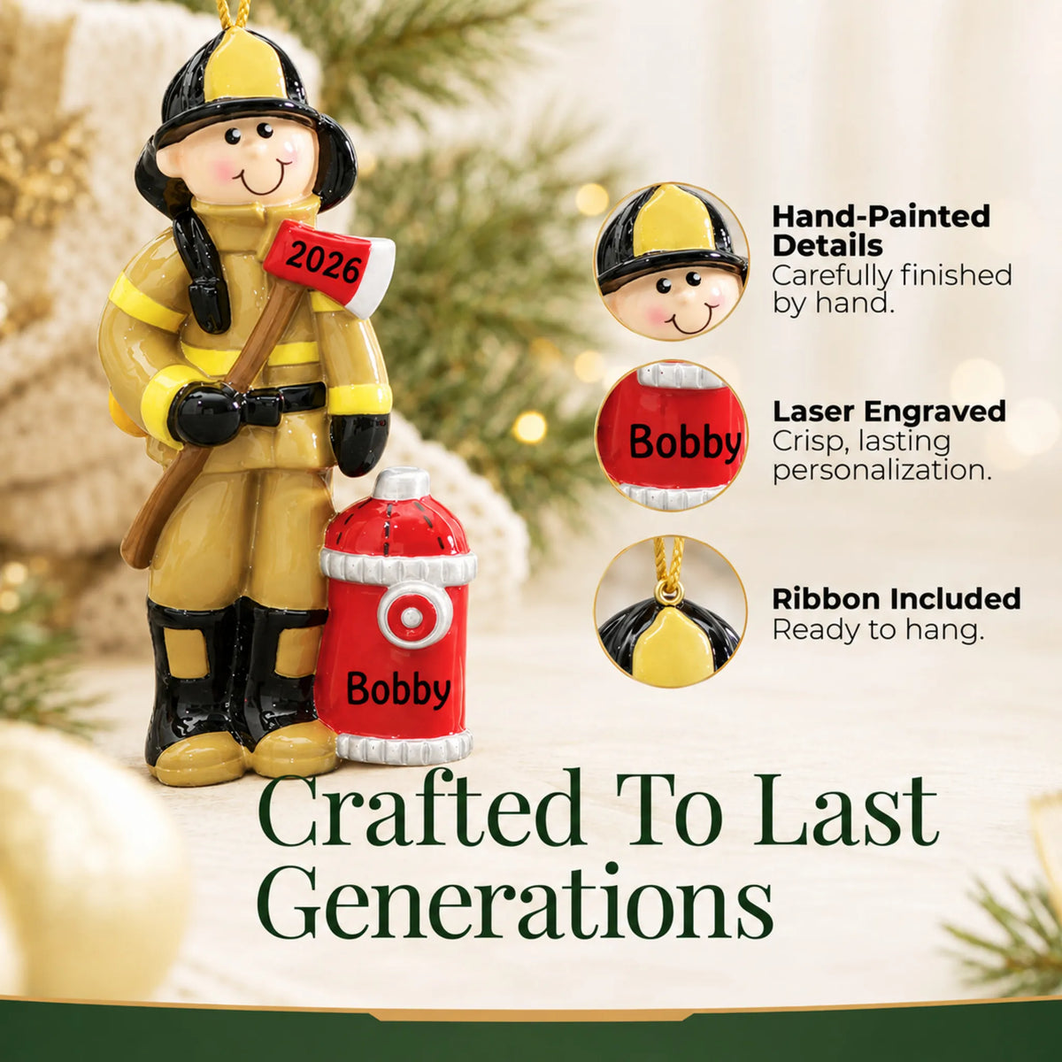 Hand-painted details and laser engraved personalization on the firefighter christmas ornament, ribbon included