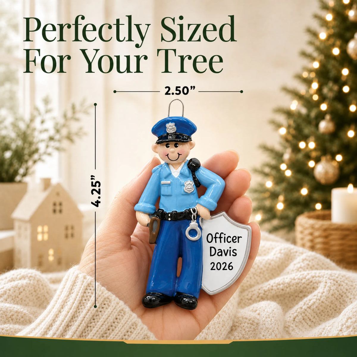 Size guide: the personalized police officer christmas ornament is 2.50 in wide by 4.25 in tall, shown in hand