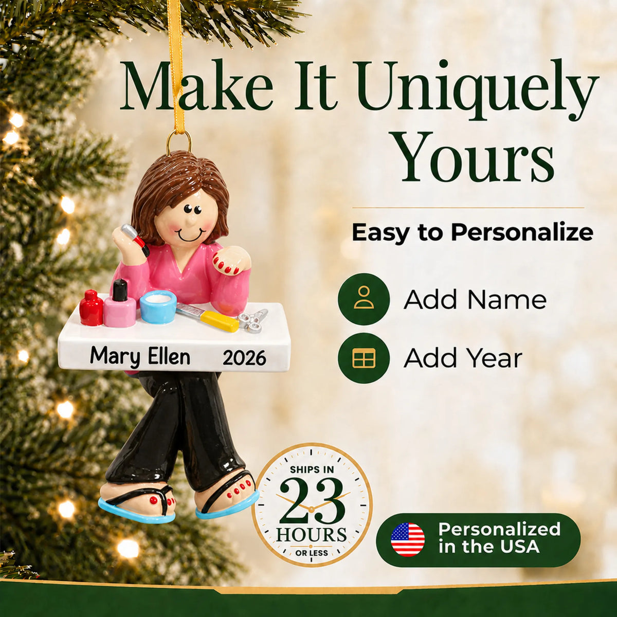 Make it yours: add name and year to the personalized nail tech christmas ornament