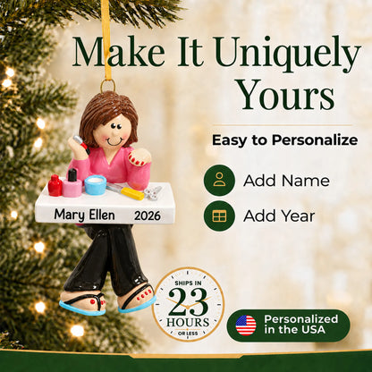Make it yours: add name and year to the personalized nail tech christmas ornament