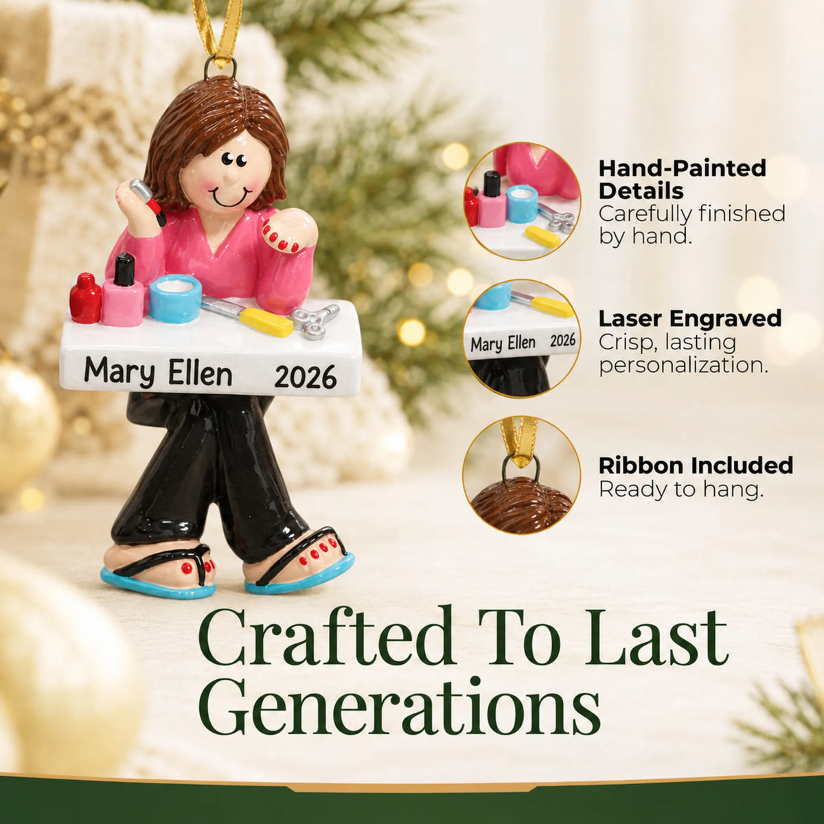 Hand-painted details and laser engraved personalization on the nail tech christmas ornament, ribbon included