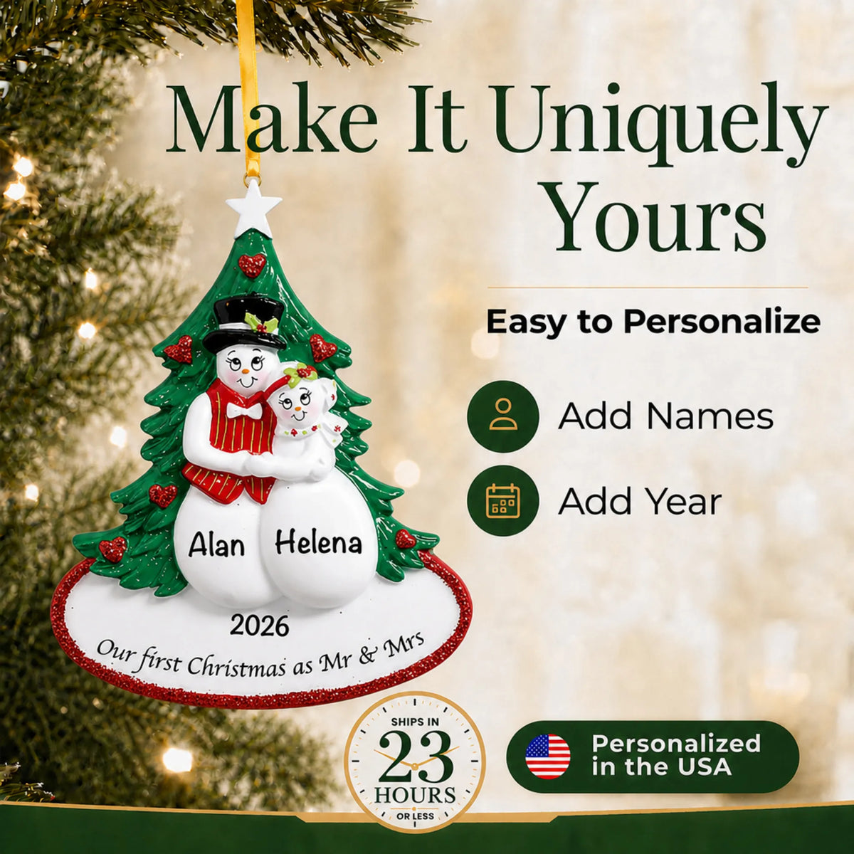 How to personalize the newlywed snow couple Christmas ornament: add names and year, ships in 23 hours