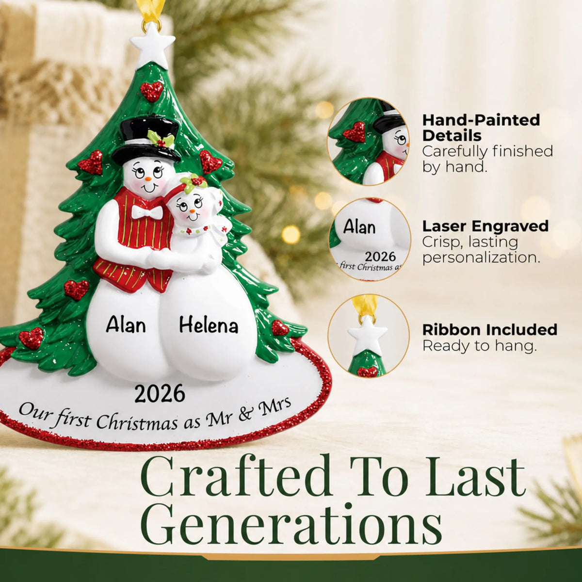 Close-up of the personalized newlywed snow couple Christmas ornament: hand-painted detail, laser engraving